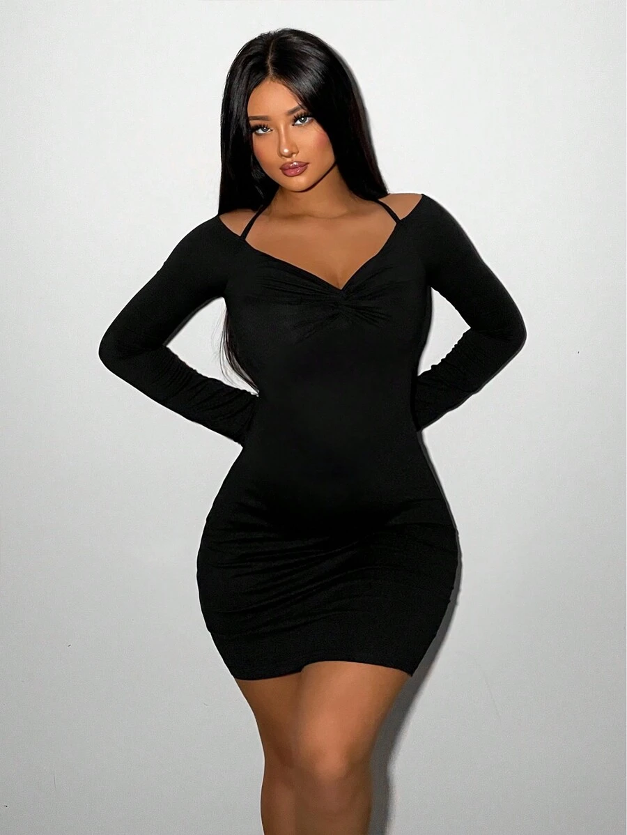 SHEIN SXY Solid Twist Bust Tie Back Bodycon Dress - Black - View 1