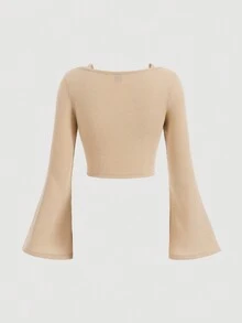 SHEIN MOD Solid Ruched Bust Flare Sleeve Crop Tee - Khaki - View 2