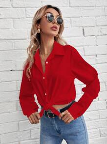 RueChic Chất rắn Nút phía trước Áo sơ mi - Đỏ - Xem 5