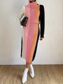 SHEIN Essnce Vestido de punto de color combinado cuello alto - Multicolor - Ver 3