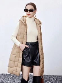 SHEIN BIZwear Áo khoác dài trùm đầu có dây rút, thắt lưng có đệm cho nữ, Quần áo mùa đông - Màu Khaki - Xem 4