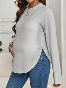SHEIN Maternity Solid Curved Hem Tee - Light Grey - View 5