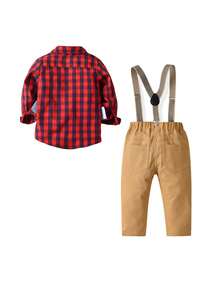 Chàng trai trẻ Rô Nơ thắt Áo sơ mi & Quần Suspender - Đỏ - Xem 2