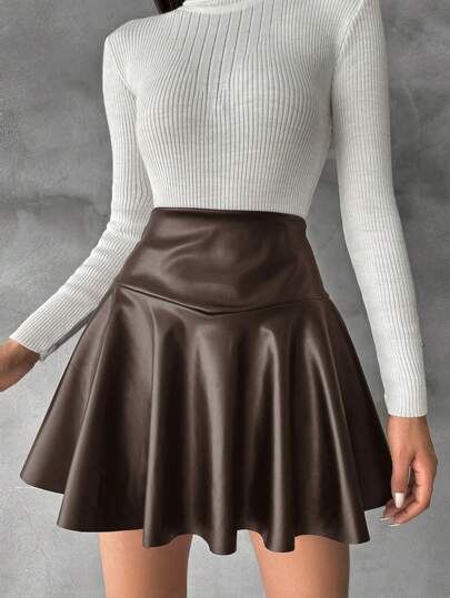EURMUSE High Waist PU Flare Skirt