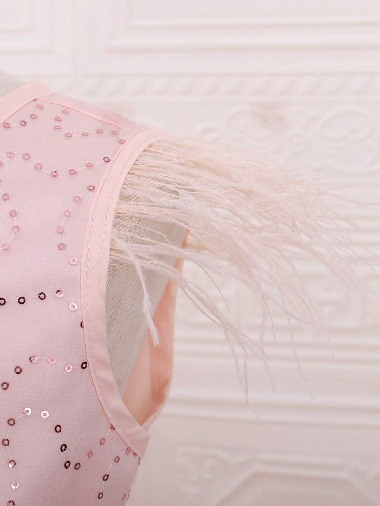 Tween Girl Fuzzy Cuff Mesh Overlay Party Dress for Christmas