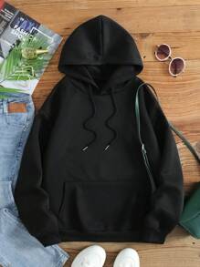 SHEIN EZwear Túi kangaroo Dây rút Lót nhiệt Hoodie - màu đen - Xem 1