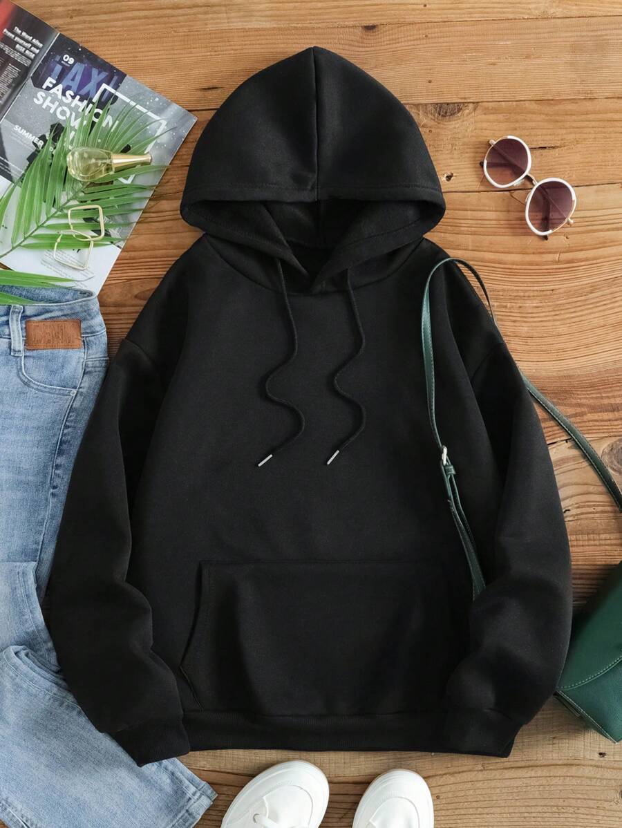 SHEIN EZwear Túi kangaroo Dây rút Lót nhiệt Hoodie - màu đen - Xem 1
