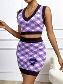 SHEIN Clasi 1 pieza Chaleco de punto con patrón de cuadros & 1 pieza Falda de punto con parche de letra ajustada - Morado - Ver 3