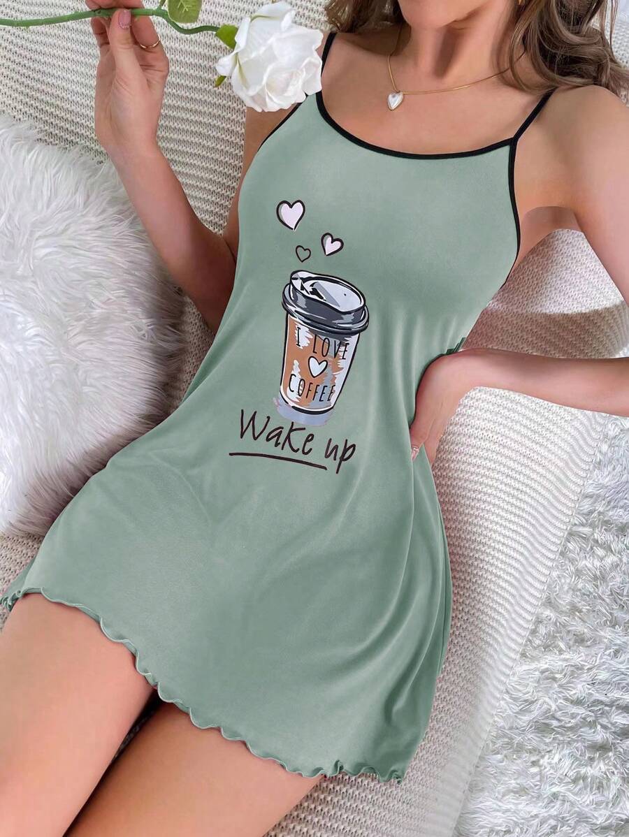 Letter & Cartoon Đồ họa Rau diếp Trim Cami Pyjama Váy ngủ - Màu xanh Bạc hà - Xem 1