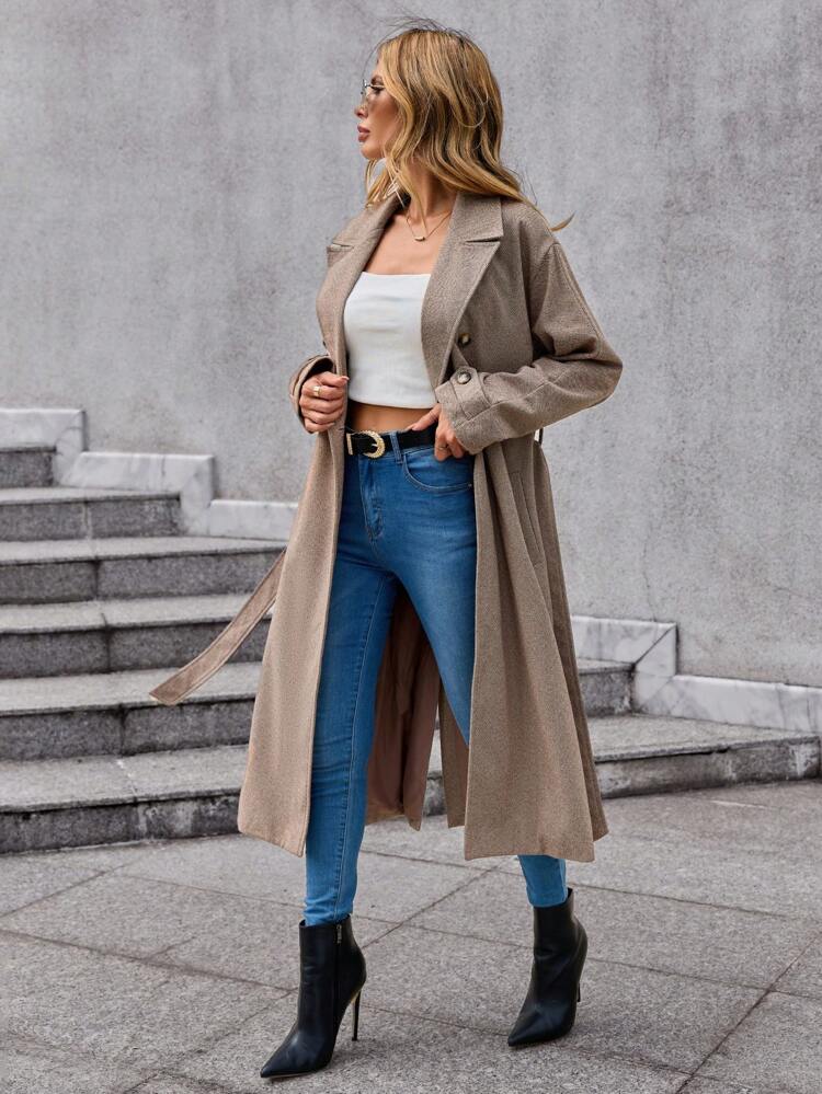 Herringbone Print Double Breasted Overcoat