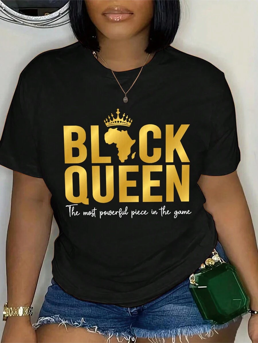 Rovax 标语图案短袖 T 恤 BLACK QUEEN 游戏中最强大的人物图案 T 恤 女式上衣 - 黑色 - 查看 1