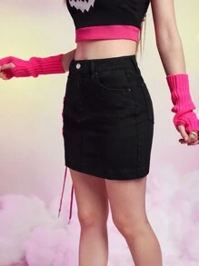 SHEINNeu Lace Up Denim Skirt - Black - View 4