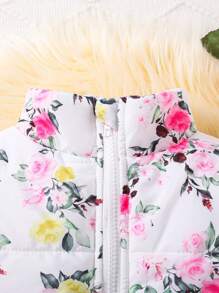 Baby Girl Floral Print Padded Coat - Black - View 5