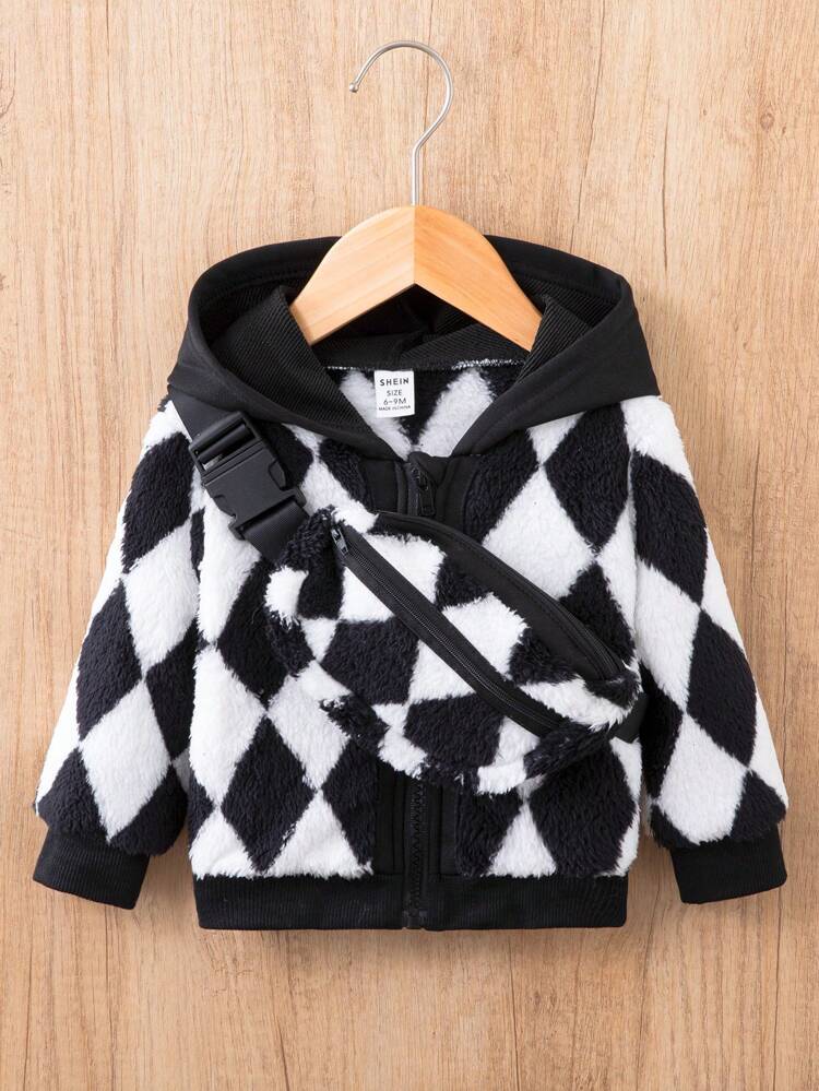 Baby Jungen Teddy Jacke mit Argyle Muster, Kapuze, & Tasche