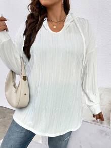 SHEIN LUNE 加大码落肩抽绳卫衣 - 白色 - 查看 1