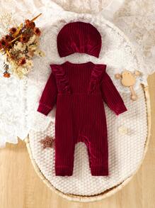SHEIN Baby Girls' Knitted Ribbed Plush Comfortable Warm Jumpsuit + Stylish Hat, Autumn/Winter