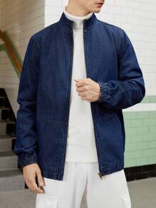 Manfinity Homme Men's Solid Color Half-high Collar Zipper Denim Jacket - Blue - View 1