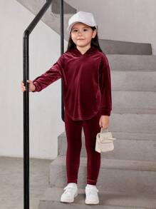 SHEIN Leap Crew Cô Gái Trẻ Thả vai Hoodie & Leggings - Đỏ - Xem 4