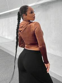 SHEIN SXY 拉鏈開襟短款連帽衫 - 棕色 - 查看 2