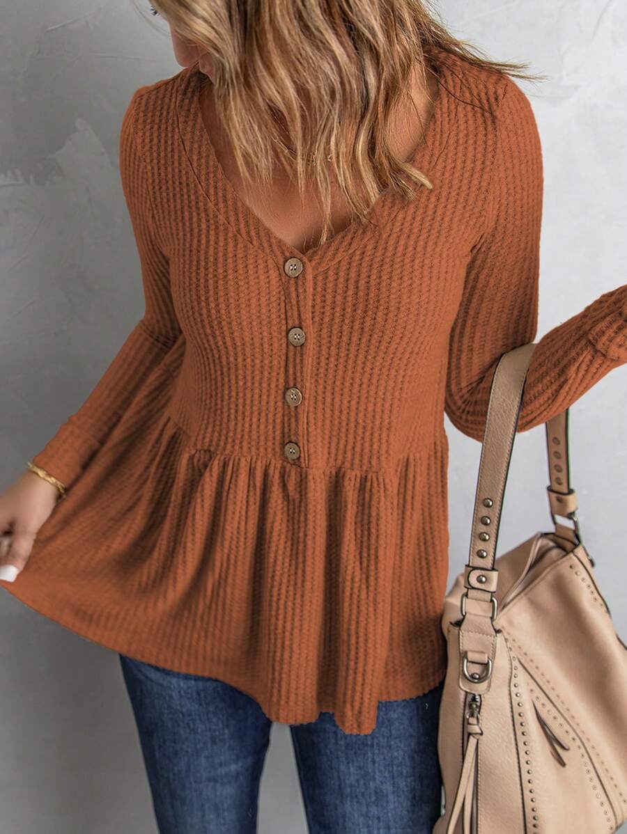 SHEIN LUNE Half Button Peplum Hem Ribbed Knit Tee - Rust Brown - View 1