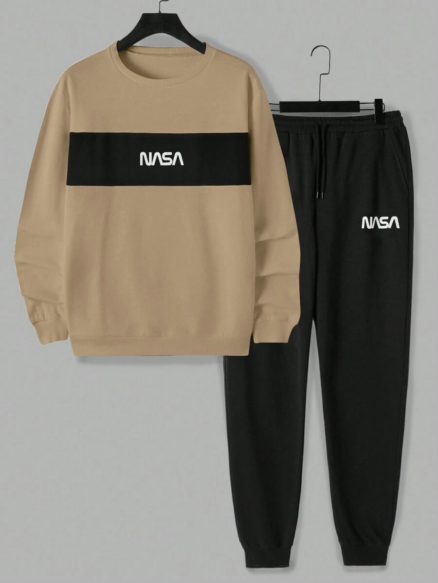 EURMUSE Conjunto De Dos Piezas De Sudadera Con Estampado De Letras Y Pantalón Con Cordón En La Cintura Para Hombre - Camel - Ver 1