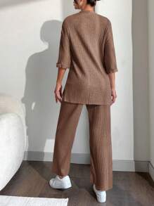 EURMUSE 100%Cotton Solid Drop Shoulder Ribbed Knit Tee & Pants - Khaki - View 2