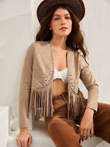 Bohemela Cazadora bajo con fleco con diseño de tachuela con parte delantera abierta - Albaricoque - Ver 1