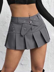 SHEIN ICON 女款高腰腰帶百褶裙 - 深灰色 - 查看 2