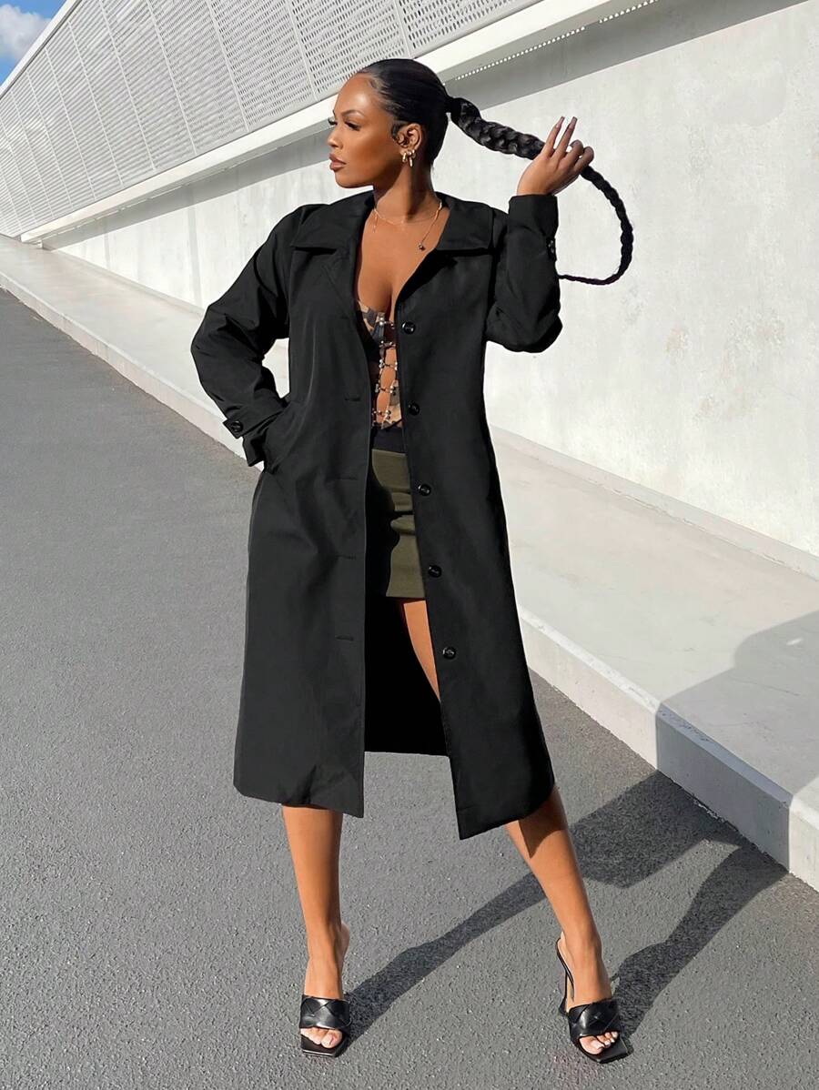 SHEIN SXY 斜口袋前紐扣外套 - 黑色 - 查看 1