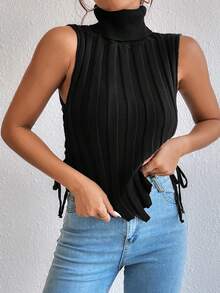 Allurite Áo cao cổ Ren Up Side Viền không đối xứng Áo len vest - màu đen - Xem 5