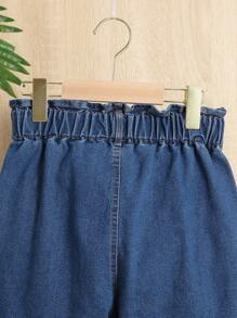 適合少女穿著的休閒波西米亞風格日常深色洗水牛仔褲，帶腰平口袋和捲邊邊緣 - 深色水洗藍 - 查看 5