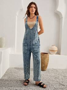 Bohemela Dual Pocket Denim Overalls Without Tube Top - Blue - View 3