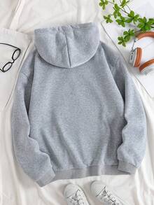SHEIN EZwear Plus Size Butterfly & Floral Print Kangaroo Pocket Drawstring Thermal Lined Sweatshirt - Grey - View 2