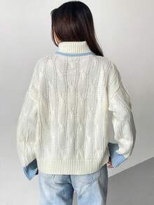 SHEIN EZwear Colorblock Cable Knit High Neck Sweater - White - View 2