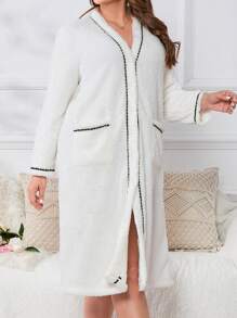 Kích thước lớn Khối màu Cắt tỉa Giường đôi tiêu chuẩn Túi ÁO choàng mặc nhà - trắng - Xem 5