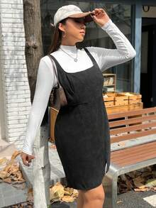 SHEIN EZwear 大碼下擺開叉燈芯絨背帶洋裝不帶T恤 - 黑色 - 查看 5