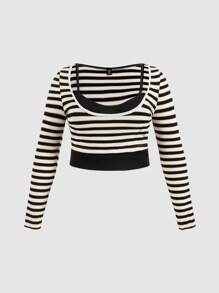 SHEIN MOD 大碼條紋印花大圓領假兩入組T恤 - 黑色 - 查看 1