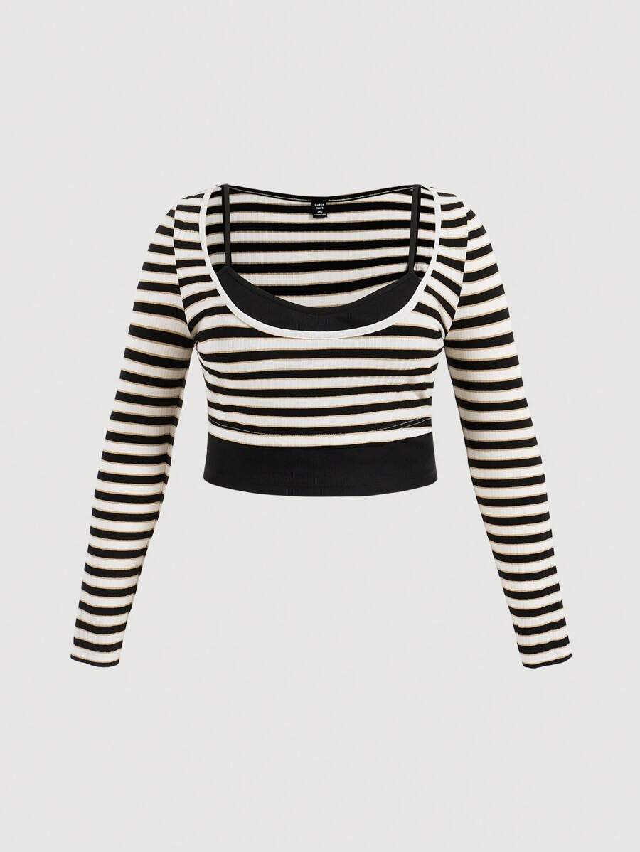 SHEIN MOD 大碼條紋印花大圓領假兩入組T恤 - 黑色 - 查看 1