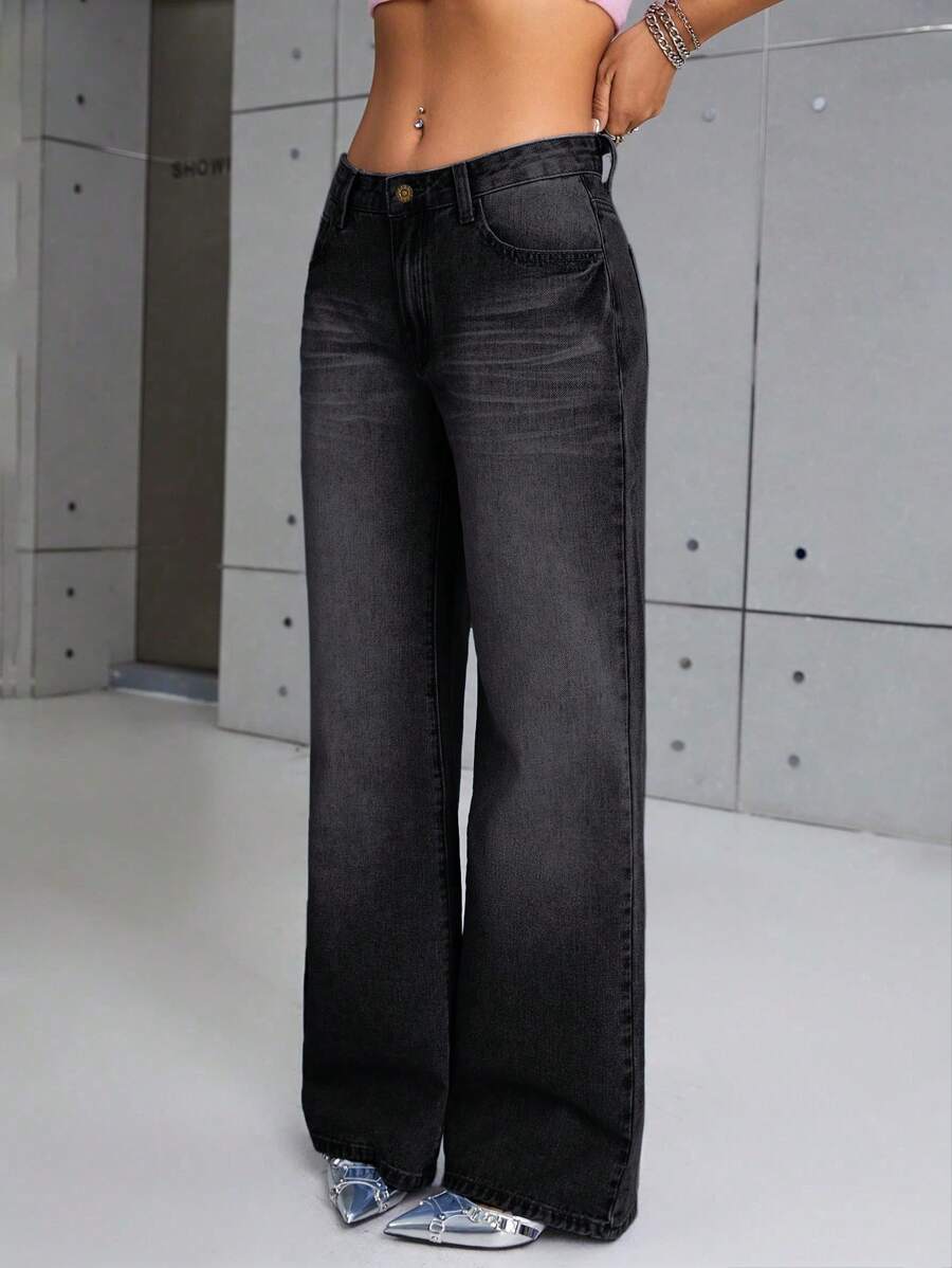 SHEIN ICON Zipper Fly Wide Leg Jeans - Black - View 1