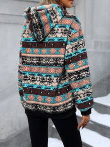 SHEIN Unity Geo Print Drop Shoulder Flannel Hoodie - Multicolor - View 2