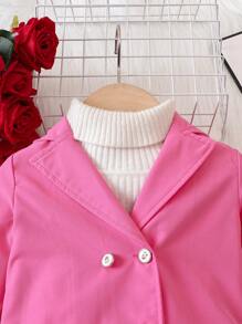 Baby Girl Double Breasted Fuzzy Hem Coat Without Sweater - Pink - View 3