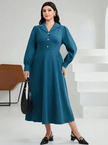 Mulvari Plus Size Turn-down Collar Shirt Dress