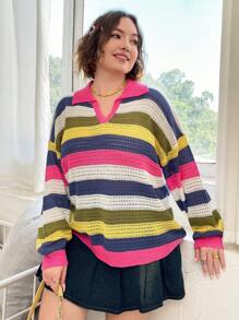 Flirla Plus Striped Colorblock Drop Shoulder Pointelle Knit Sweater Knit Pullover Fall Winter Sweater - Multicolor - View 6