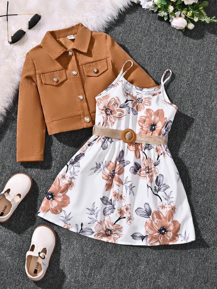 Young Girl Floral Print Belted Cami Dress & Cord Jacket