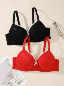 2pcs/set Plus Size Colorblock Push-up Bra With Bowknot And Edge Decoration - Multicolor - View 3