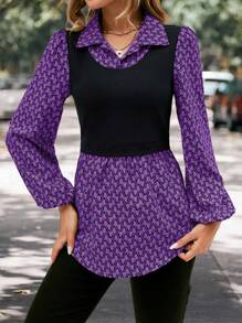 SHEIN LUNE Geo Print Lantern Sleeve 2 In 1 Top - Purple - View 5