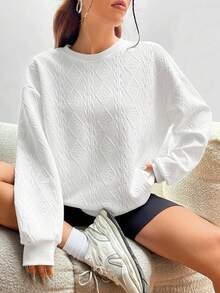 SHEIN EZwear Chất rắn Thả vai Textured Áo nỉ - trắng - Xem 4