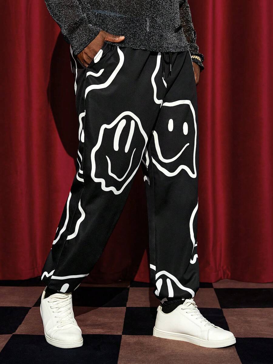 GENTILAND Nam Plus Đồ họa Hoạt hình Eo dây rút Quần - Đen và trắng - Xem 1