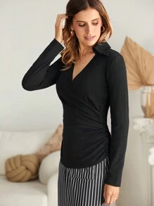 SHEIN Clasi Solid Wrap Detail Tee - Black - View 5