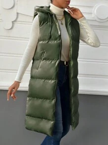 SHEIN Cottnline Zip Up Drawstring Hooded Puffer Vest Coat - Green - View 3